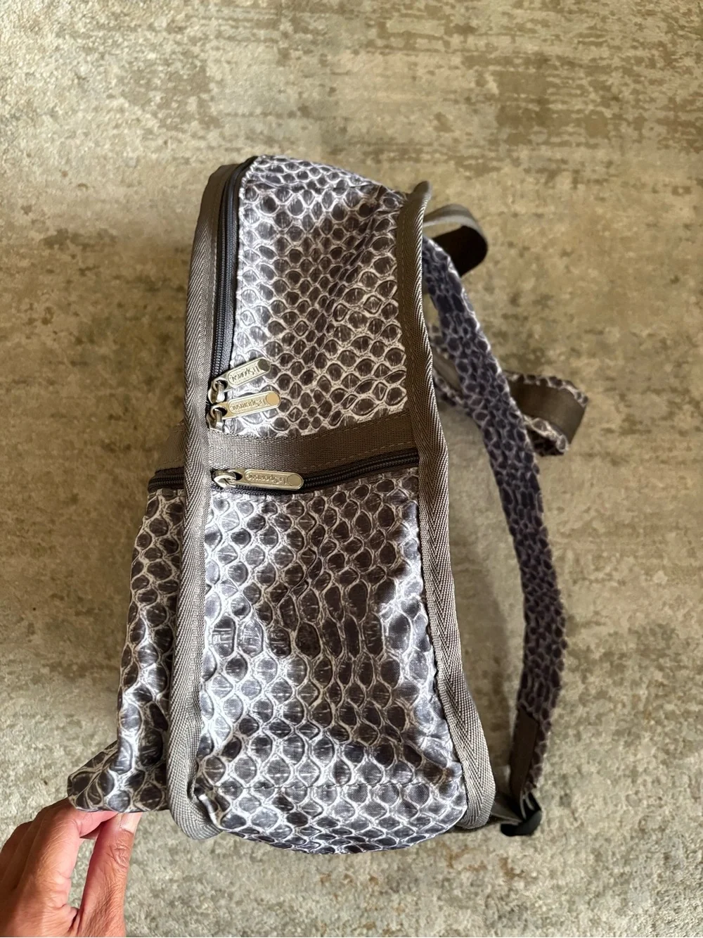 Lesportsac Snake-Print Backpack - Gray & White Compact School Gym Travel (AS-IS)